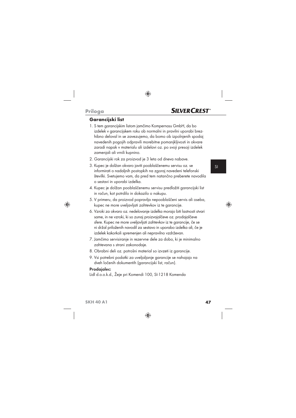 Priloga, Garancijski list | Silvercrest SKH 40 A1 User Manual | Page 49 / 74