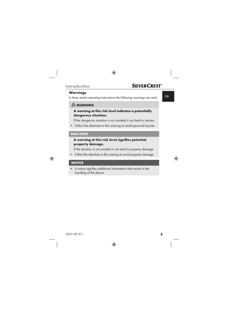 Introduction, Warnings | Silvercrest SKH 40 A1 User Manual | Page 5 / 74