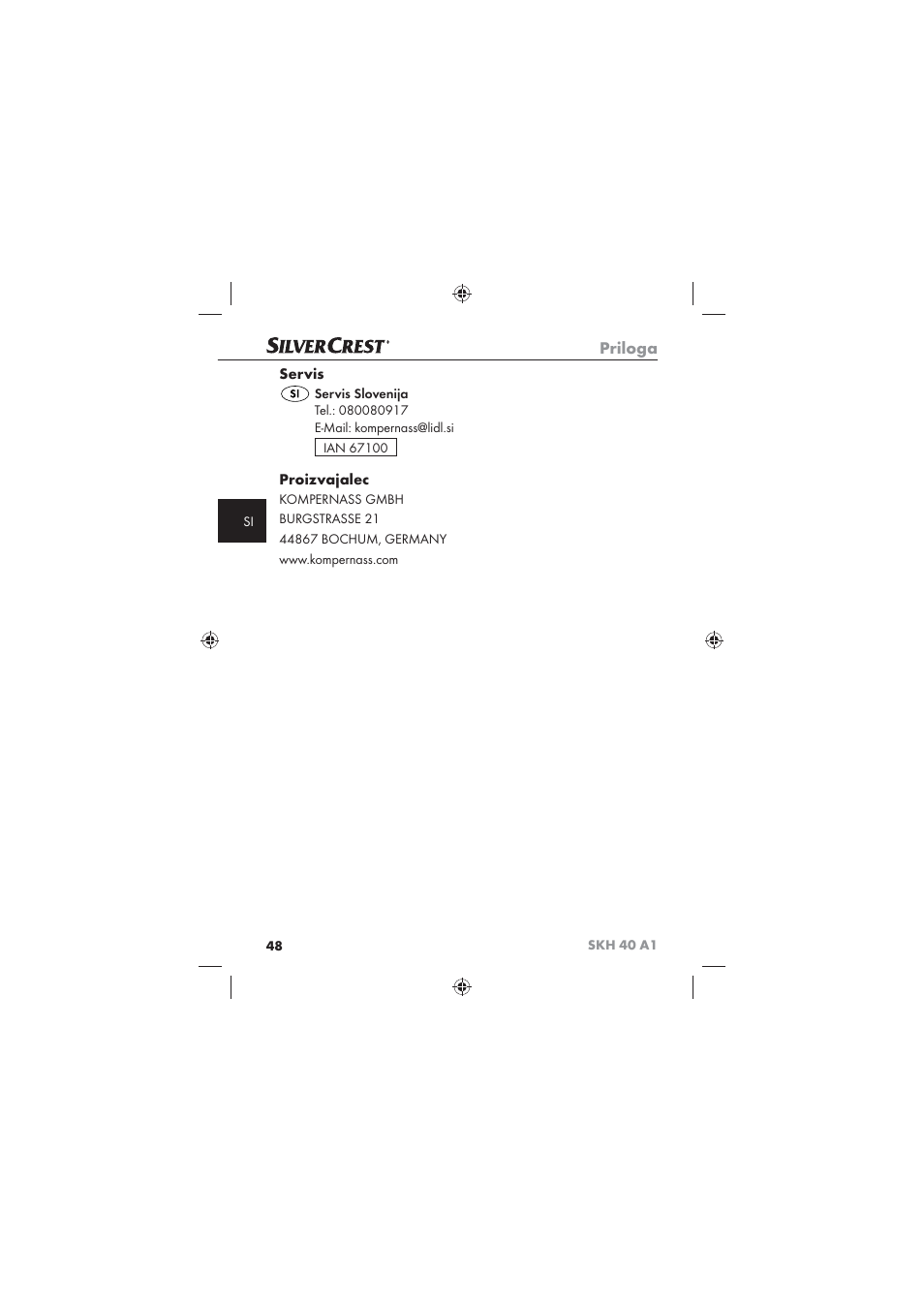 Priloga, Servis, Proizvajalec | Silvercrest SKH 40 A1 User Manual | Page 50 / 74