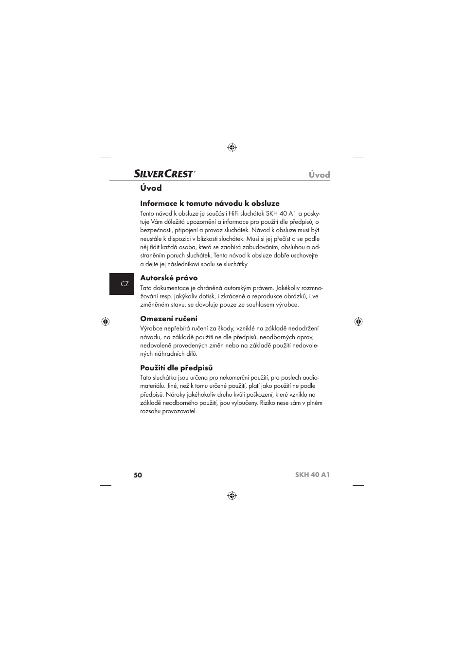 Úvod, Informace k tomuto návodu k obsluze, Autorské právo | Omezení ručení, Použití dle předpisů | Silvercrest SKH 40 A1 User Manual | Page 52 / 74