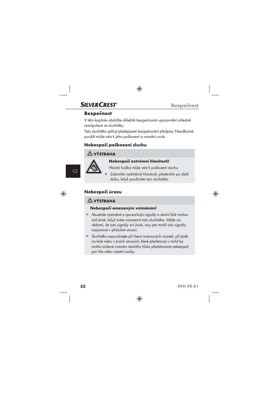 Bezpečnost, Nebezpečí poškození sluchu, Nebezpečí úrazu | Silvercrest SKH 40 A1 User Manual | Page 54 / 74