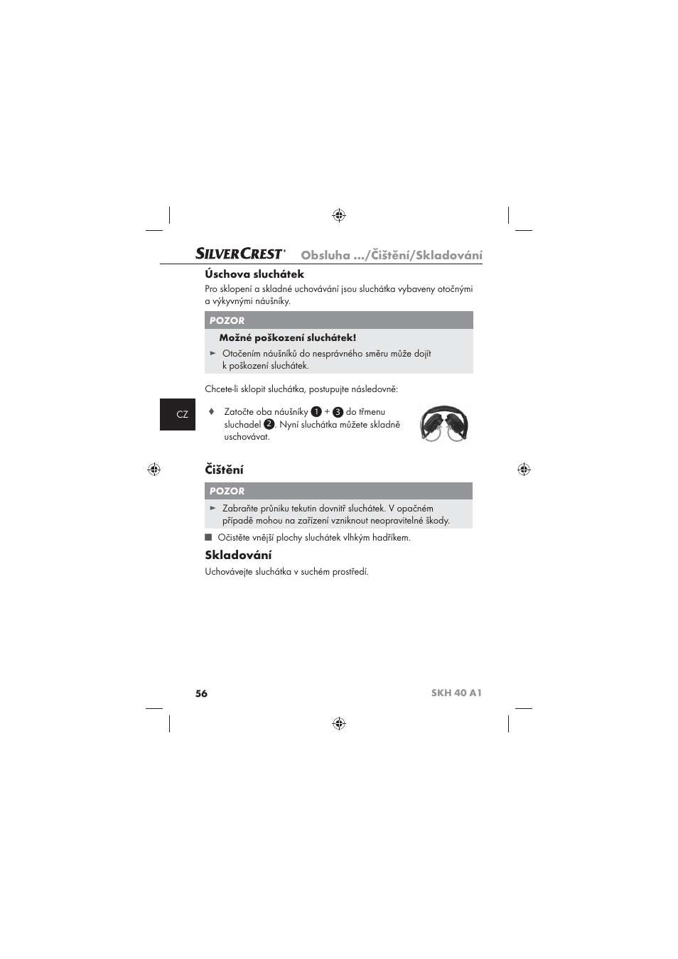 Obsluha …/čištění/skladování, Čištění, Skladování | Úschova sluchátek | Silvercrest SKH 40 A1 User Manual | Page 58 / 74