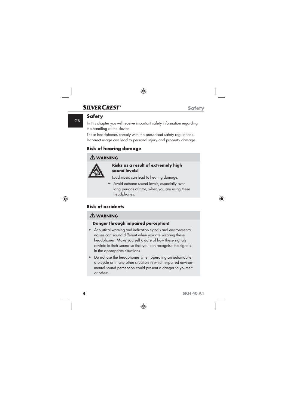 Safety, Risk of hearing damage, Risk of accidents | Silvercrest SKH 40 A1 User Manual | Page 6 / 74