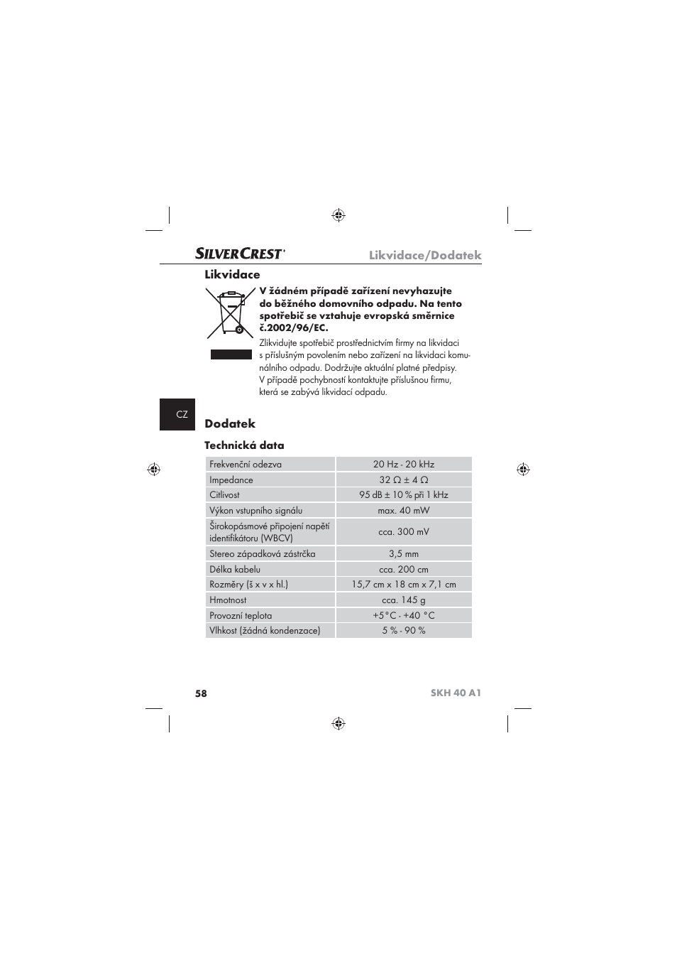 Likvidace/dodatek, Likvidace, Dodatek | Technická data | Silvercrest SKH 40 A1 User Manual | Page 60 / 74
