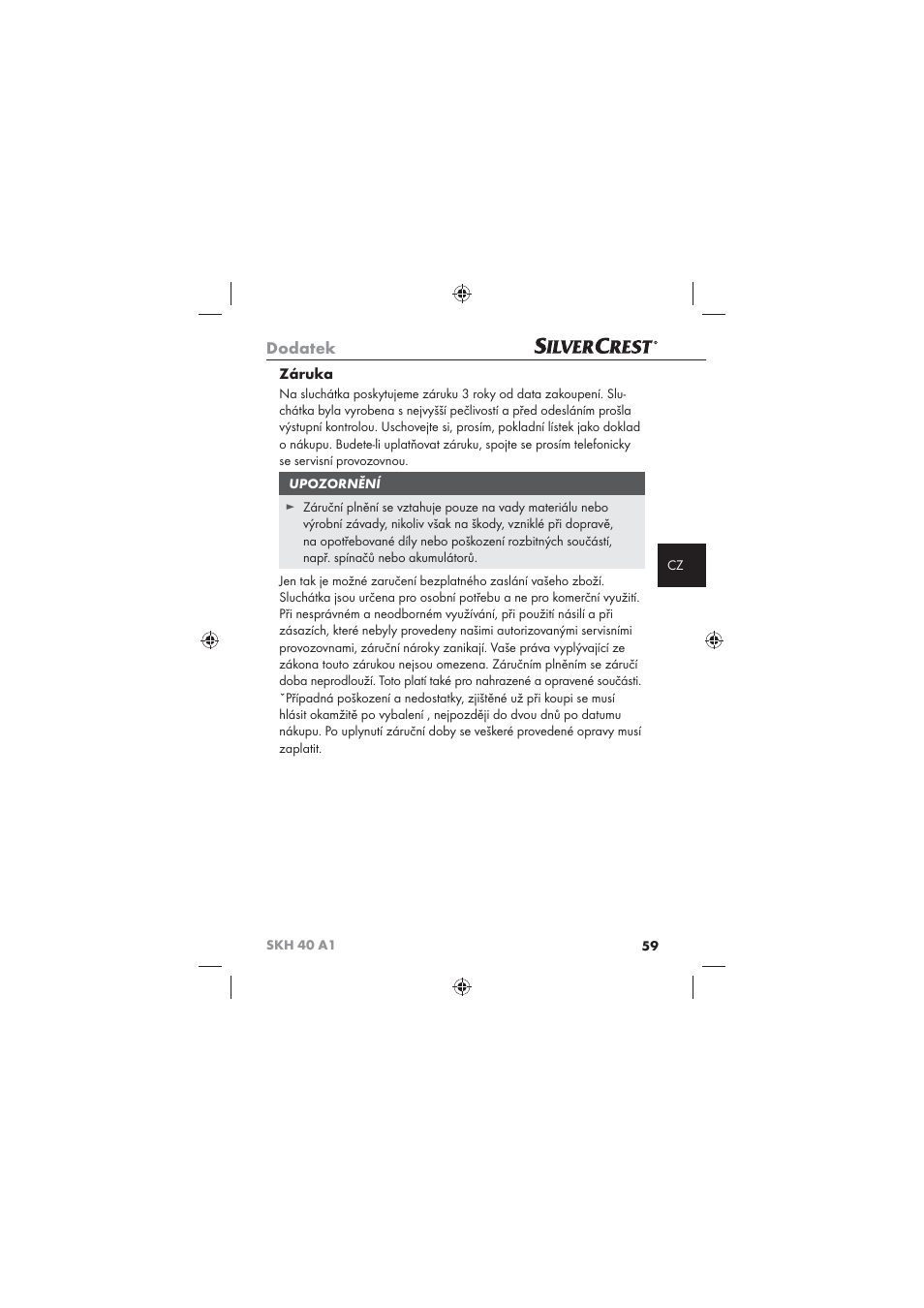 Dodatek, Záruka | Silvercrest SKH 40 A1 User Manual | Page 61 / 74