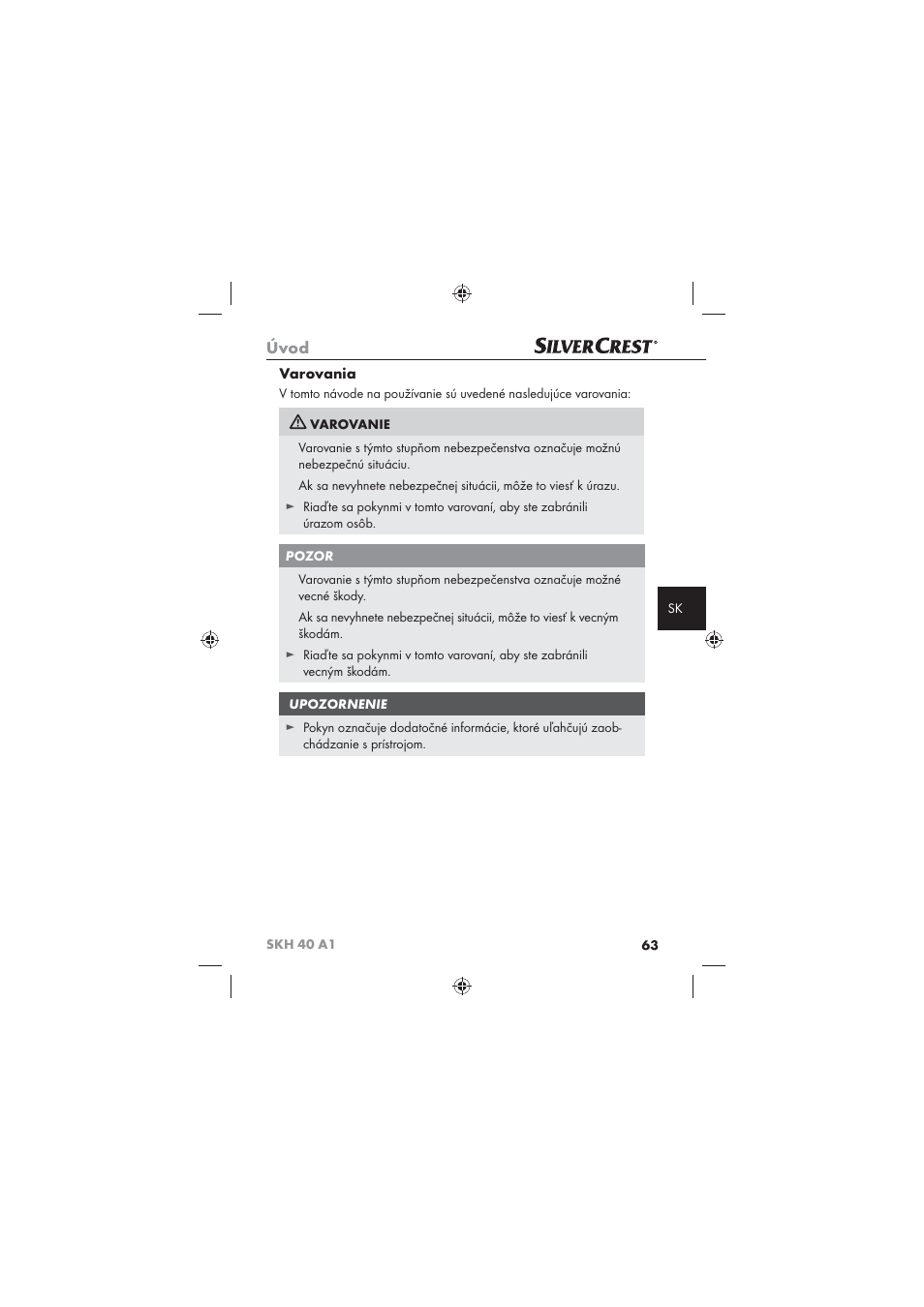 Úvod, Varovania | Silvercrest SKH 40 A1 User Manual | Page 65 / 74