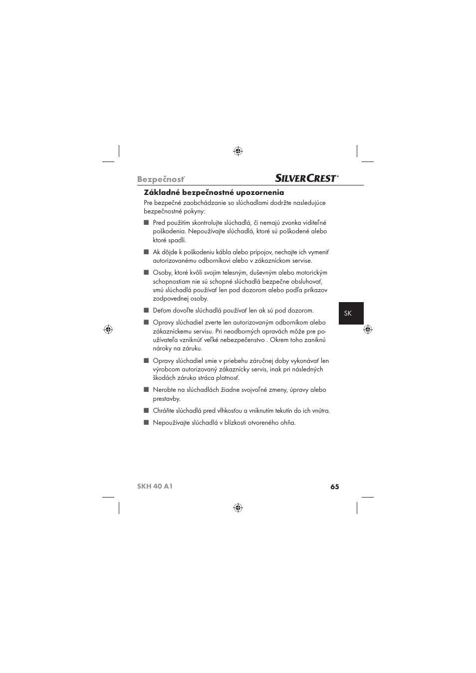 Bezpečnosť, Základné bezpečnostné upozornenia | Silvercrest SKH 40 A1 User Manual | Page 67 / 74