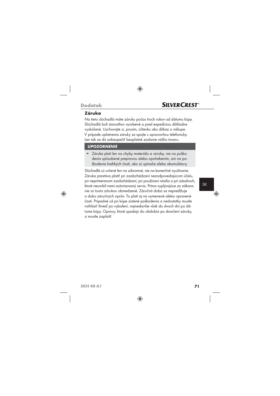 Dodatok, Záruka | Silvercrest SKH 40 A1 User Manual | Page 73 / 74