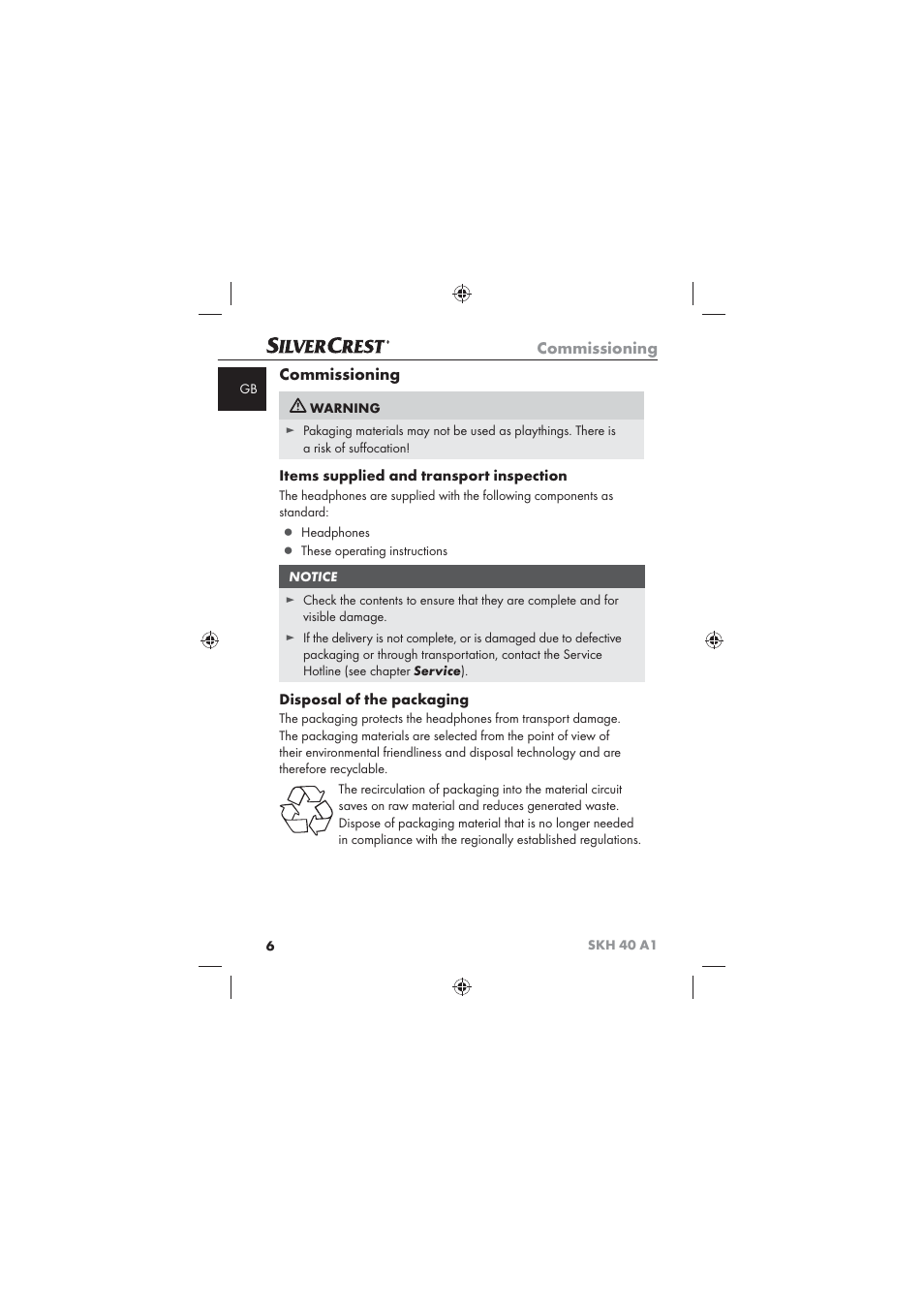Commissioning, Items supplied and transport inspection, Disposal of the packaging | Silvercrest SKH 40 A1 User Manual | Page 8 / 74