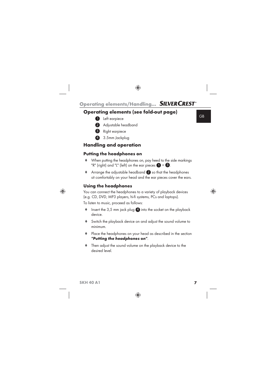 Operating elements/handling, Operating elements (see fold-out page), Handling and operation | Putting the headphones on, Using the headphones | Silvercrest SKH 40 A1 User Manual | Page 9 / 74