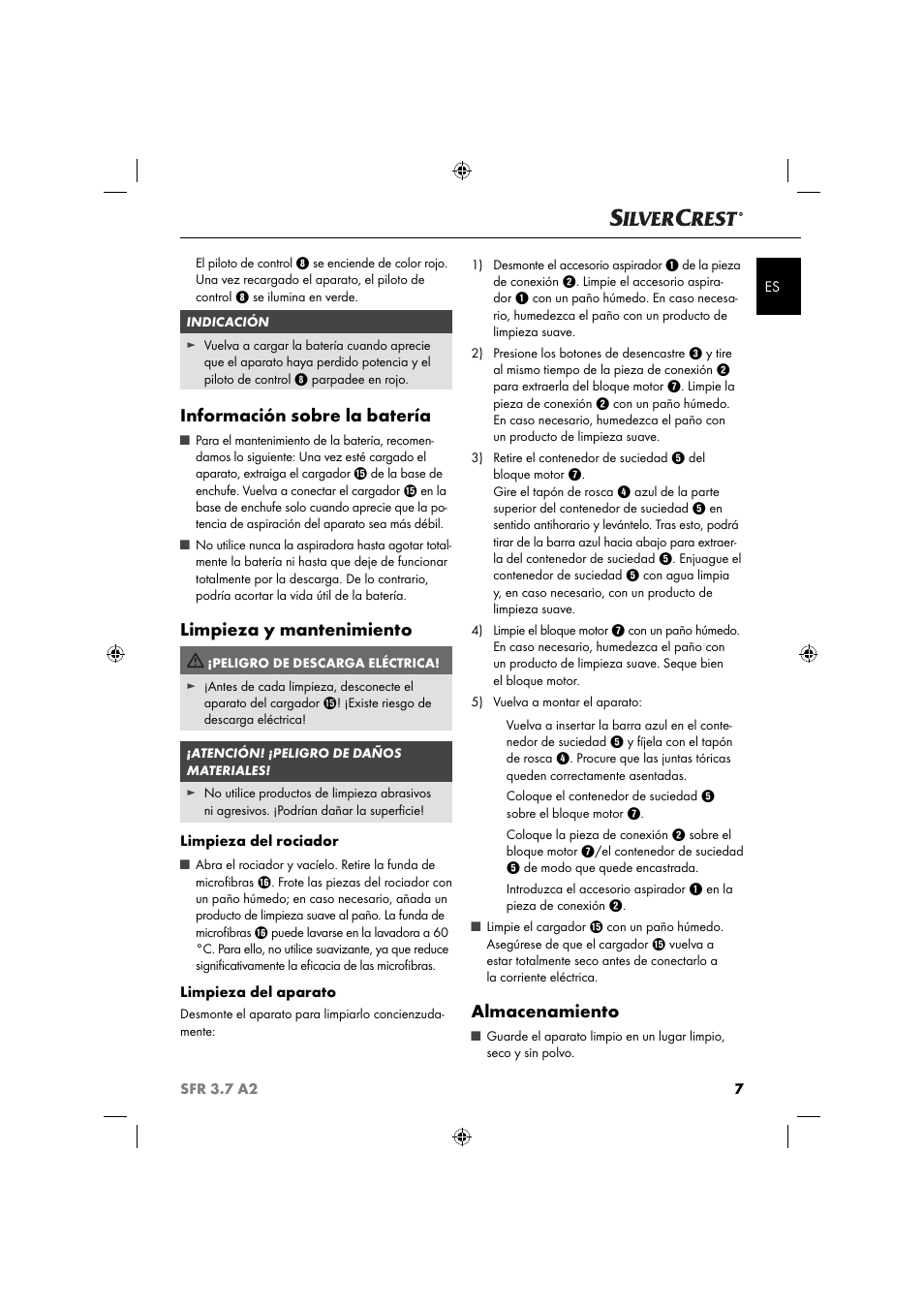 Información sobre la batería, Limpieza y mantenimiento, Almacenamiento | Silvercrest SFR 3.7 A2 User Manual | Page 10 / 54