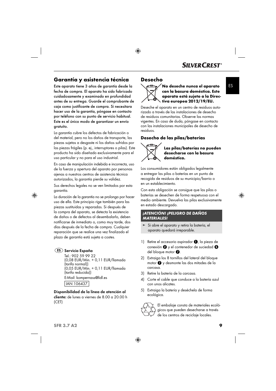 Garantía y asistencia técnica, Desecho | Silvercrest SFR 3.7 A2 User Manual | Page 12 / 54