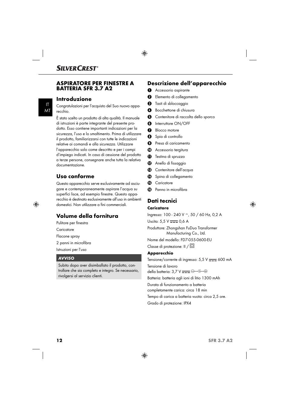 Uso conforme, Volume della fornitura, Descrizione dell’apparecchio | Dati tecnici | Silvercrest SFR 3.7 A2 User Manual | Page 15 / 54