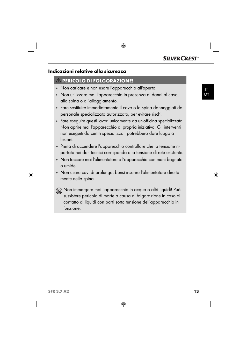 Non caricare e non usare l'apparecchio all'aperto | Silvercrest SFR 3.7 A2 User Manual | Page 16 / 54
