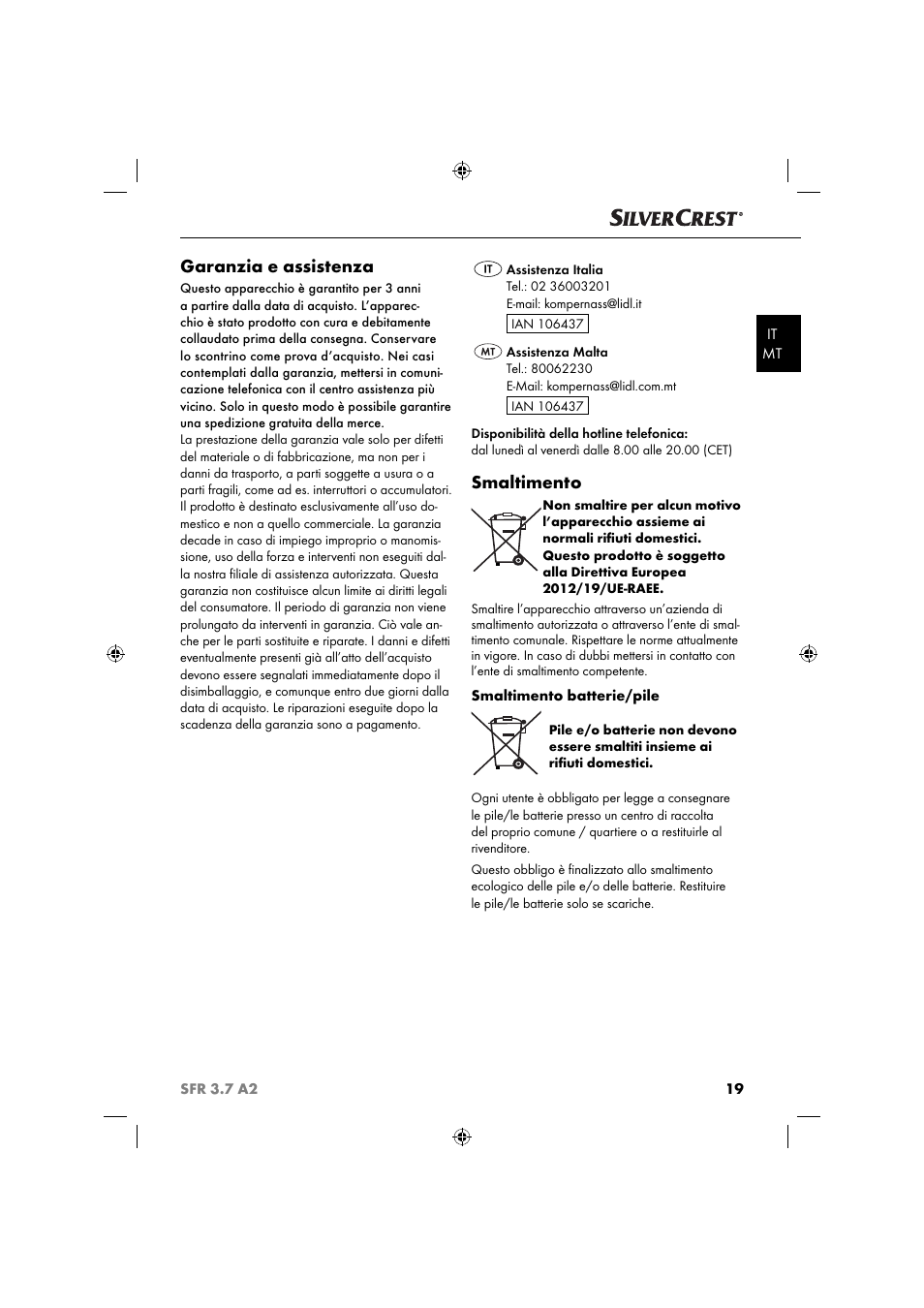Garanzia e assistenza, Smaltimento | Silvercrest SFR 3.7 A2 User Manual | Page 22 / 54