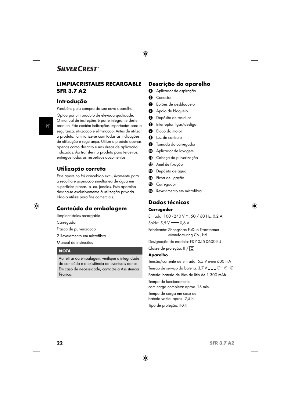 Limpiacristales recargable sfr 3.7 a2 introdução, Utilização correta, Conteúdo da embalagem | Descrição do aparelho, Dados técnicos | Silvercrest SFR 3.7 A2 User Manual | Page 25 / 54