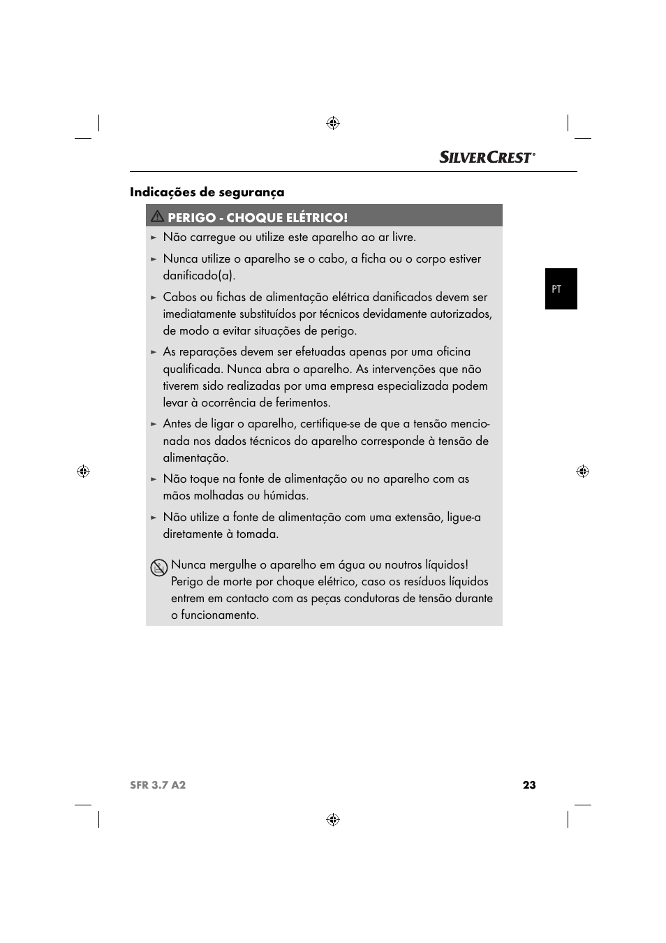 Indicações de segurança perigo - choque elétrico, Não carregue ou utilize este aparelho ao ar livre | Silvercrest SFR 3.7 A2 User Manual | Page 26 / 54