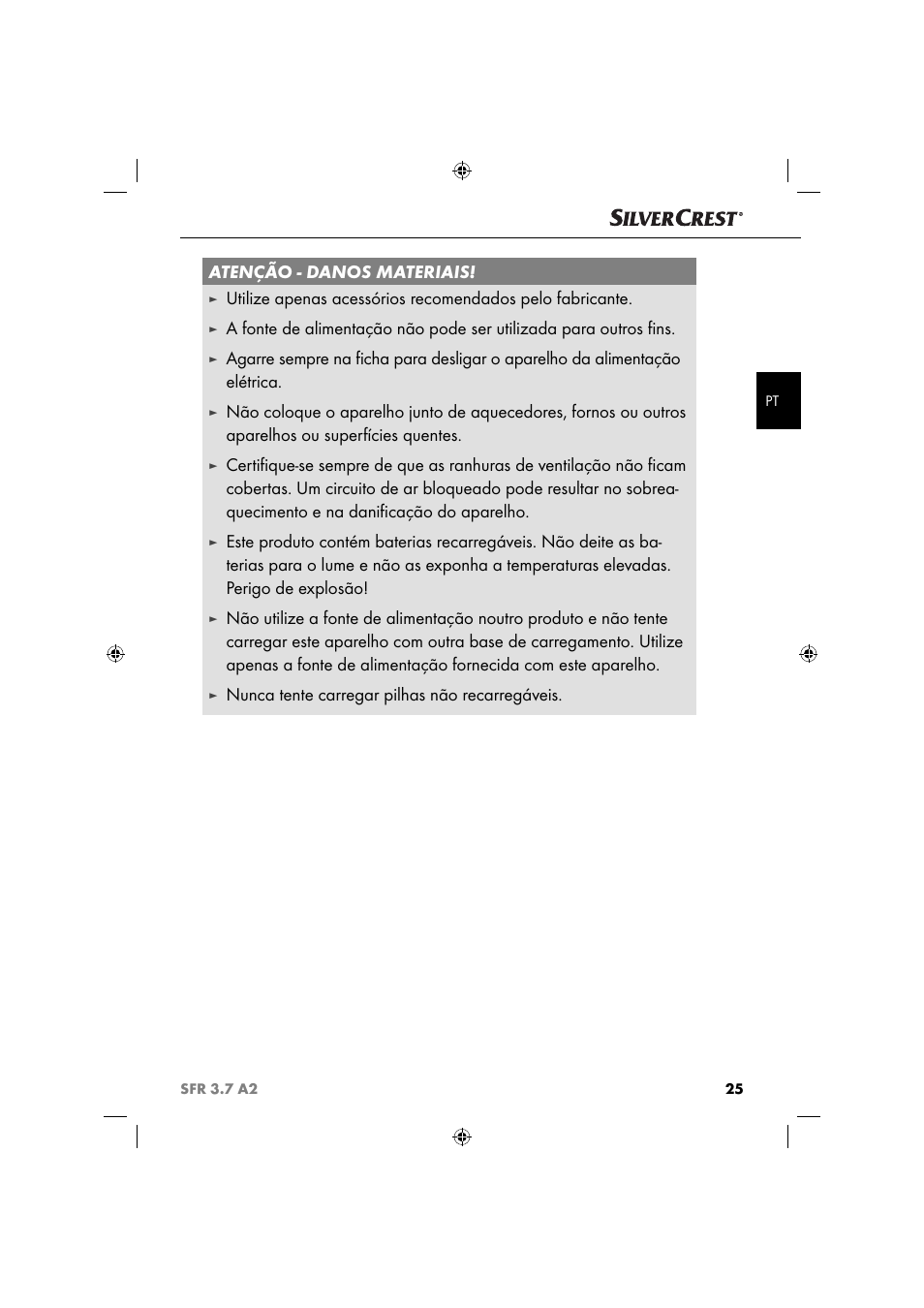 Atenção - danos materiais, Nunca tente carregar pilhas não recarregáveis | Silvercrest SFR 3.7 A2 User Manual | Page 28 / 54