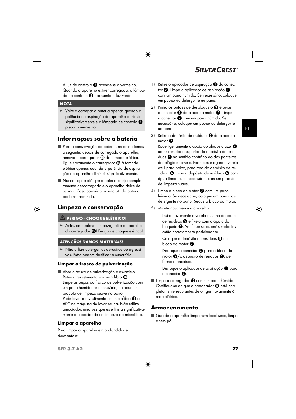 Informações sobre a bateria, Limpeza e conservação, Armazenamento | Silvercrest SFR 3.7 A2 User Manual | Page 30 / 54