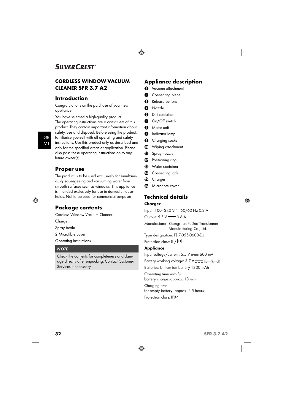 Sfr 3.7 a2 introduction, Proper use, Package contents | Appliance description, Technical details, Cordless window vacuum cleaner | Silvercrest SFR 3.7 A2 User Manual | Page 35 / 54