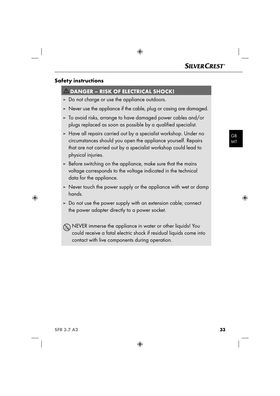 Safety instructions, Danger – risk of electrical shock, Do not charge or use the appliance outdoors | Silvercrest SFR 3.7 A2 User Manual | Page 36 / 54