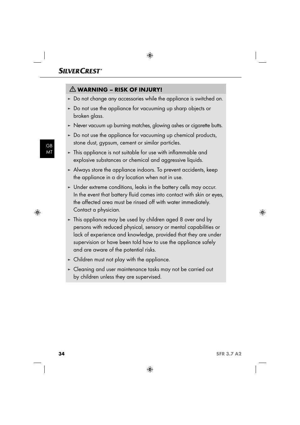 Warning – risk of injury, Children must not play with the appliance | Silvercrest SFR 3.7 A2 User Manual | Page 37 / 54
