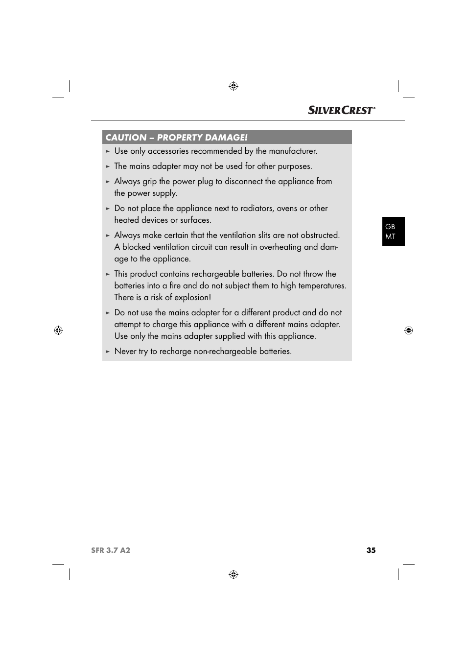 Caution – property damage, Never try to recharge non-rechargeable batteries | Silvercrest SFR 3.7 A2 User Manual | Page 38 / 54