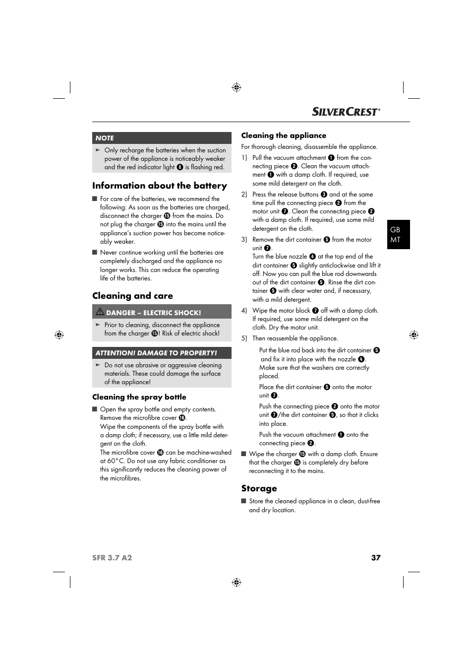 Information about the battery, Cleaning and care, Storage | Silvercrest SFR 3.7 A2 User Manual | Page 40 / 54