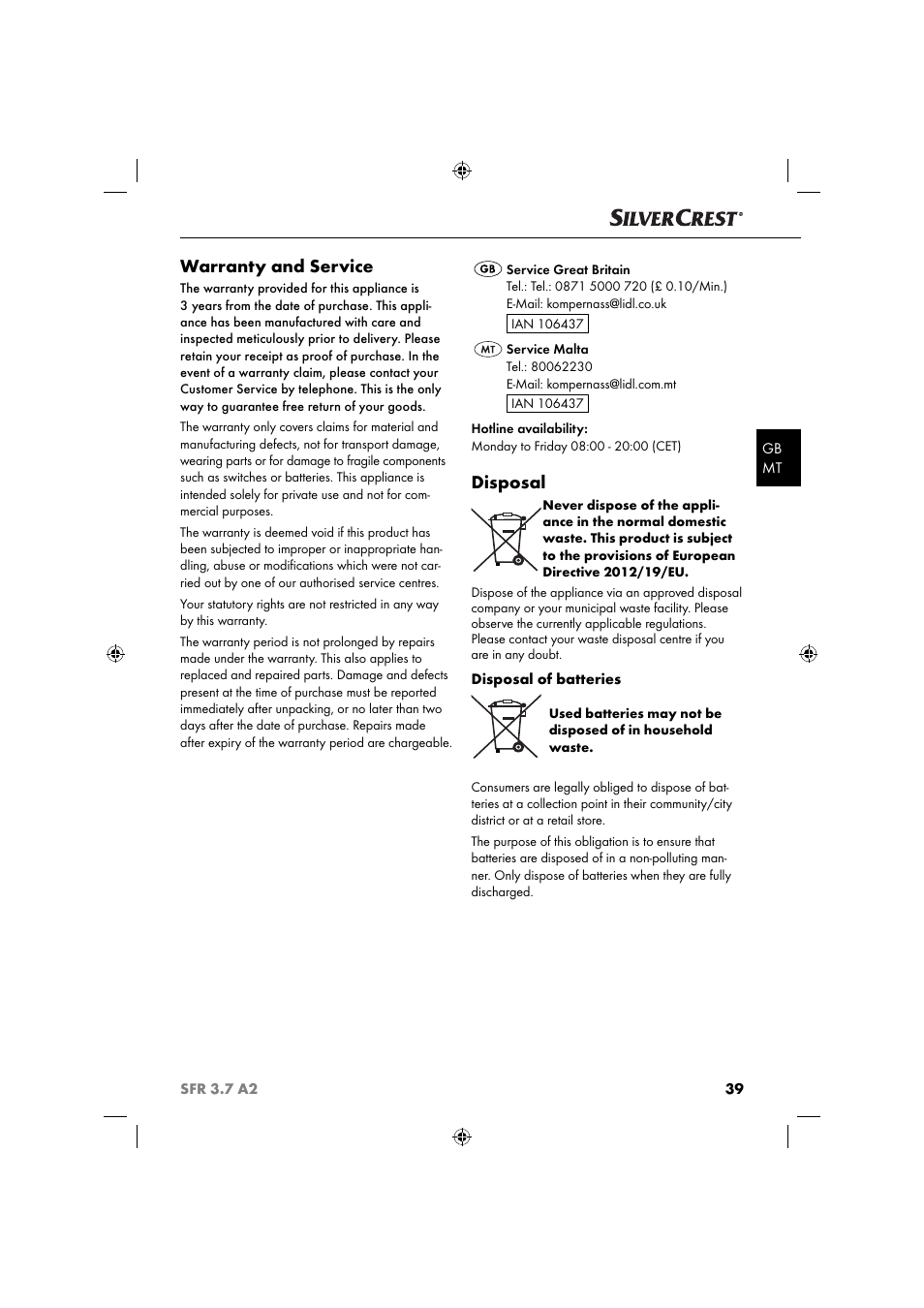 Warranty and service, Disposal | Silvercrest SFR 3.7 A2 User Manual | Page 42 / 54
