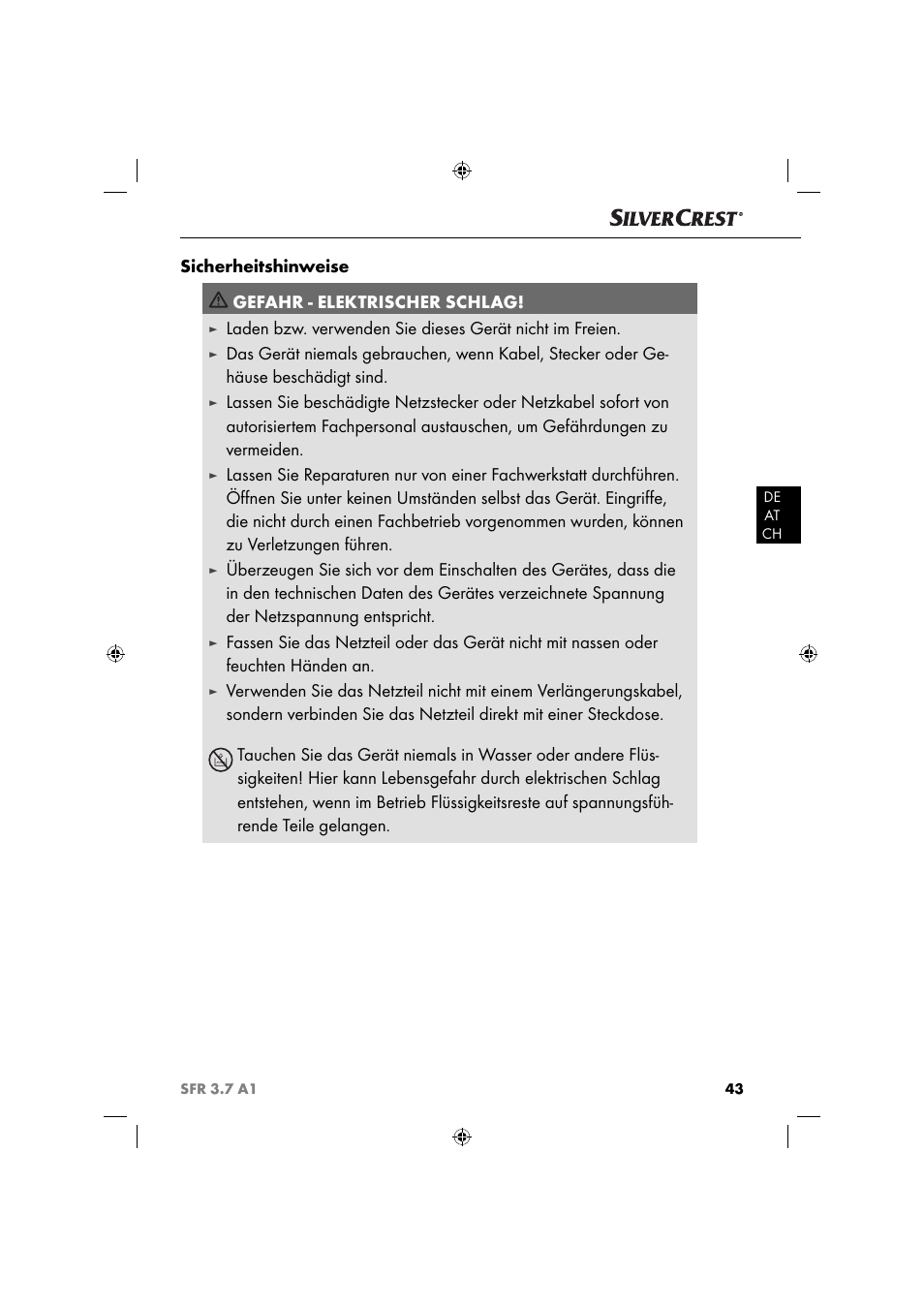 Sicherheitshinweise gefahr - elektrischer schlag | Silvercrest SFR 3.7 A2 User Manual | Page 46 / 54