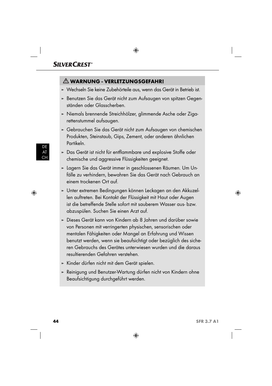 Warnung - verletzungsgefahr, Kinder dürfen nicht mit dem gerät spielen | Silvercrest SFR 3.7 A2 User Manual | Page 47 / 54
