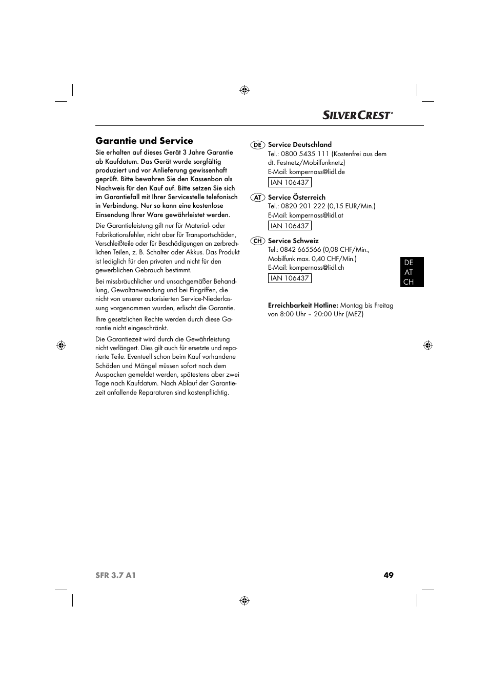 Garantie und service | Silvercrest SFR 3.7 A2 User Manual | Page 52 / 54