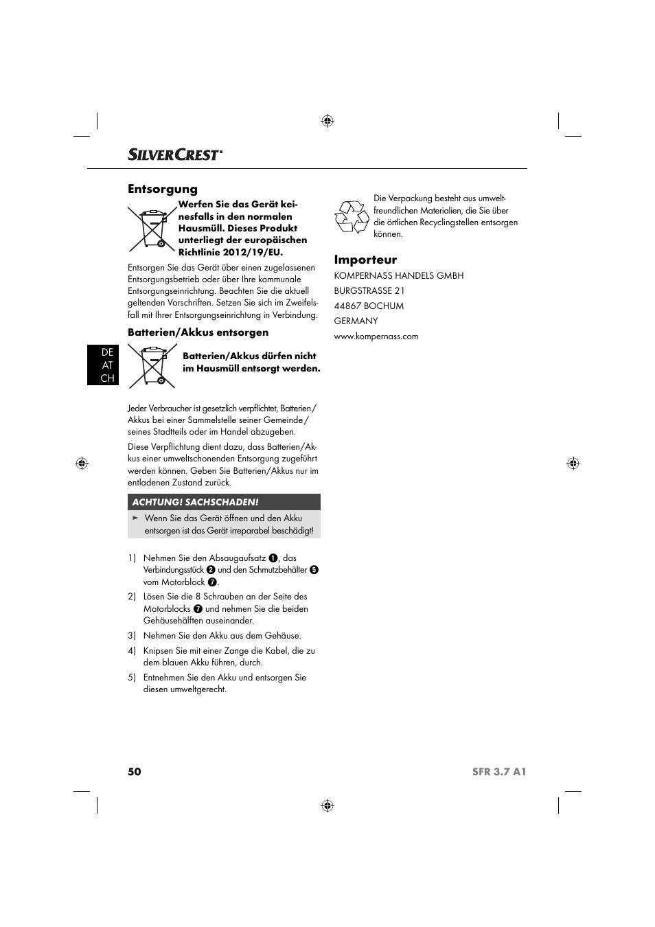 Entsorgung, Importeur | Silvercrest SFR 3.7 A2 User Manual | Page 53 / 54