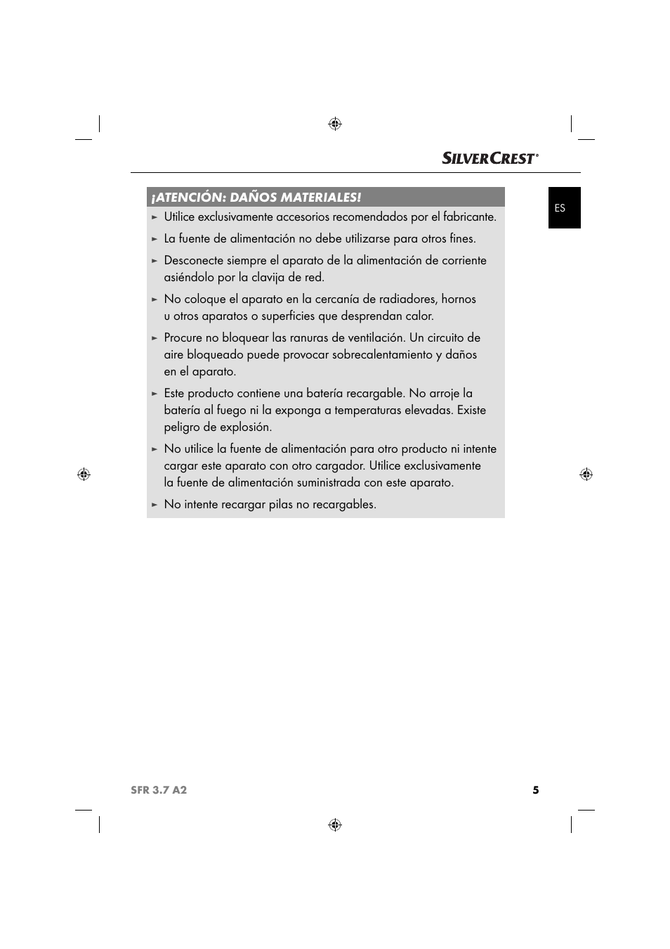 Atención: daños materiales, No intente recargar pilas no recargables | Silvercrest SFR 3.7 A2 User Manual | Page 8 / 54