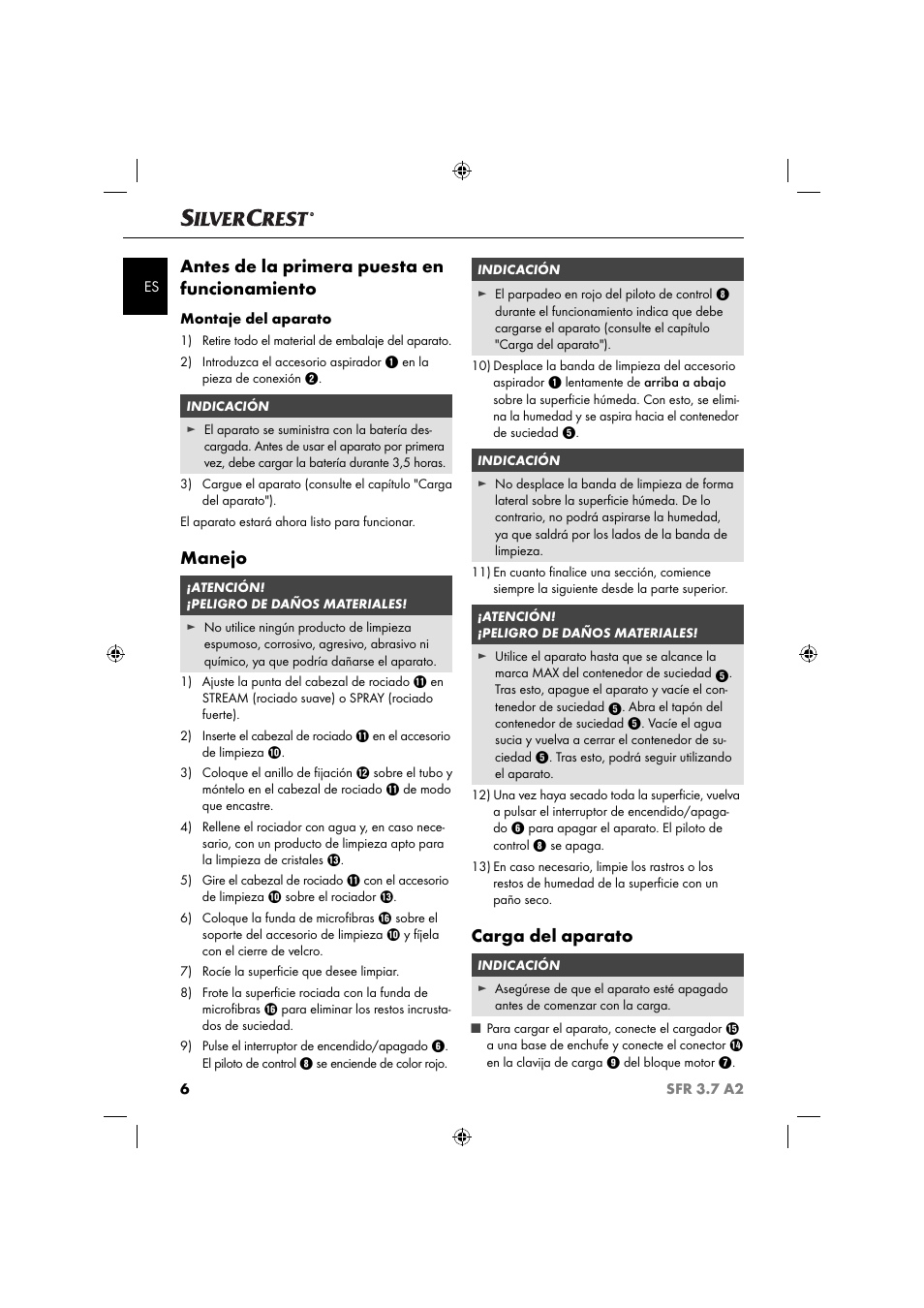 Antes de la primera puesta en funcionamiento, Manejo, Carga del aparato | Silvercrest SFR 3.7 A2 User Manual | Page 9 / 54