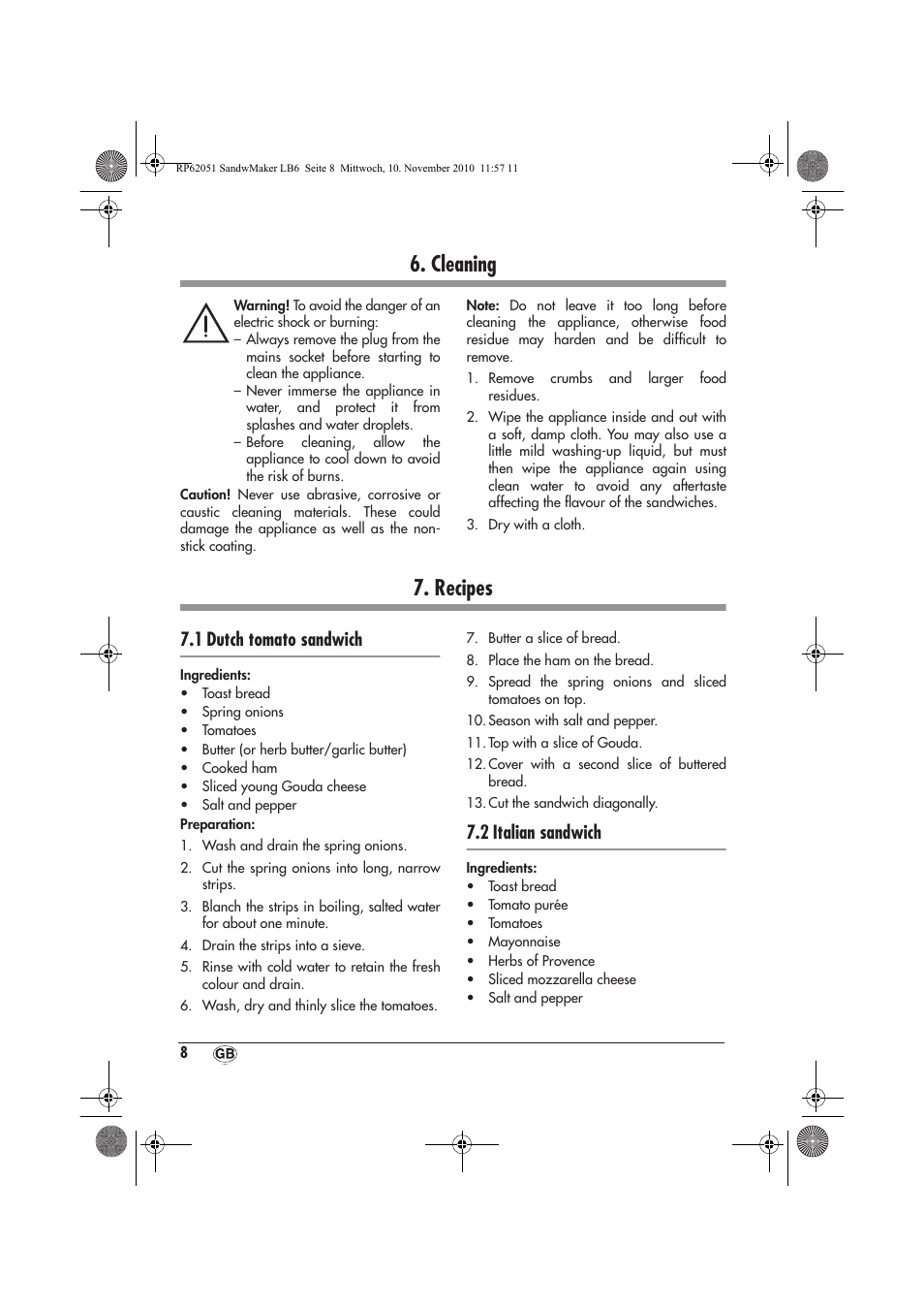Cleaning, Recipes, 1 dutch tomato sandwich | 2 italian sandwich | Silvercrest SSWM 750 A1 User Manual | Page 10 / 14