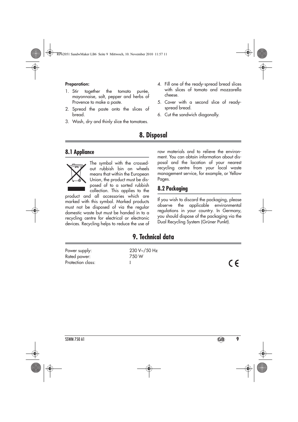Disposal, Technical data, 1 appliance | 2 packaging | Silvercrest SSWM 750 A1 User Manual | Page 11 / 14