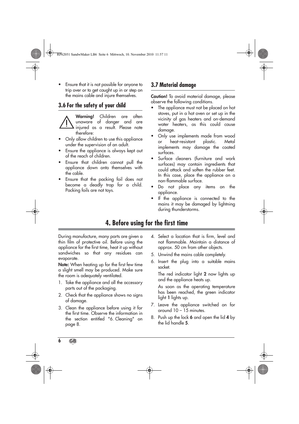 Before using for the ﬁrst time, 6 for the safety of your child, 7 material damage | Silvercrest SSWM 750 A1 User Manual | Page 8 / 14