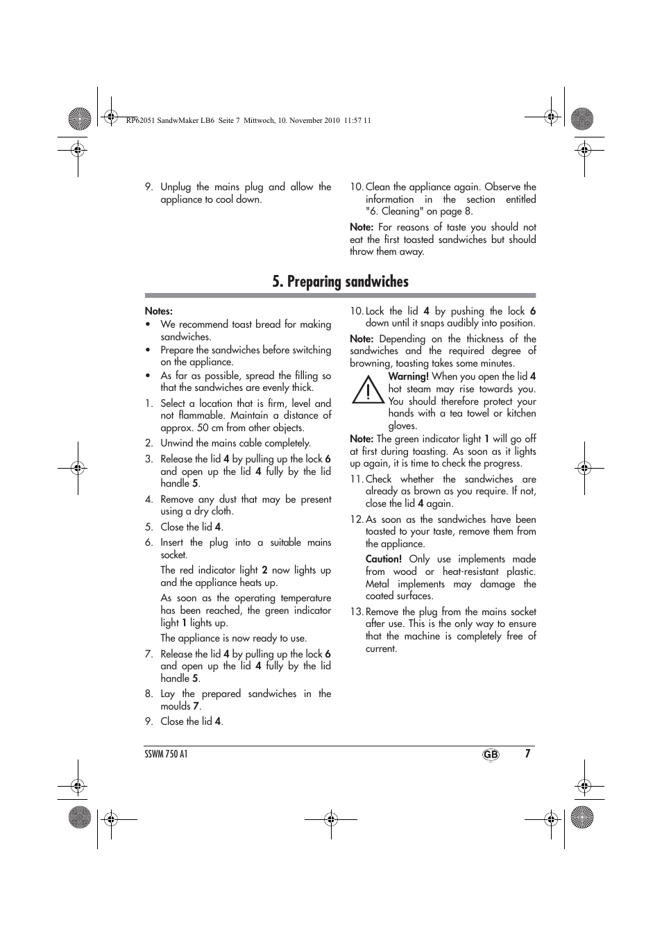 Preparing sandwiches | Silvercrest SSWM 750 A1 User Manual | Page 9 / 14
