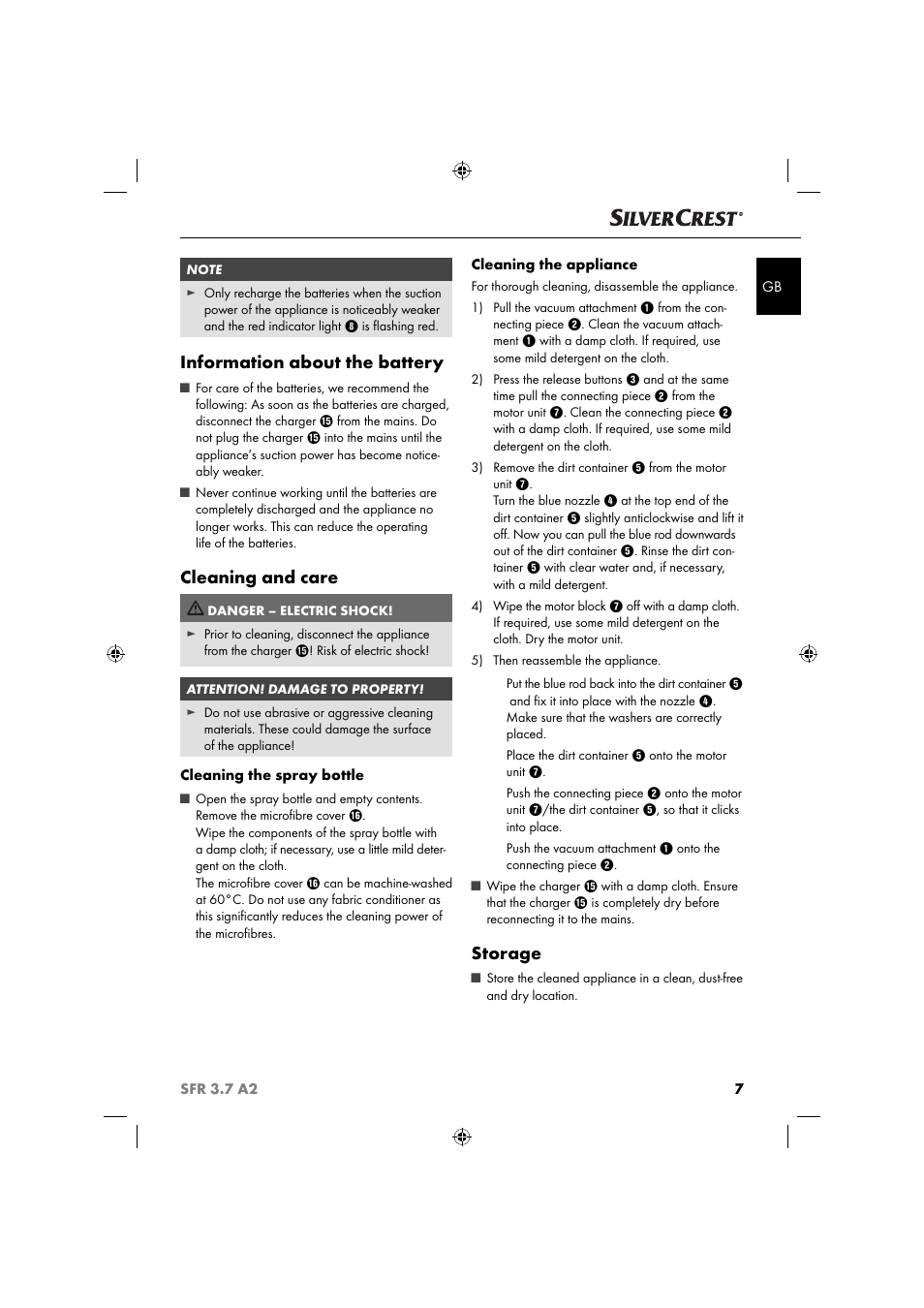 Information about the battery, Cleaning and care, Storage | Silvercrest SFR 3.7 A2 User Manual | Page 10 / 74