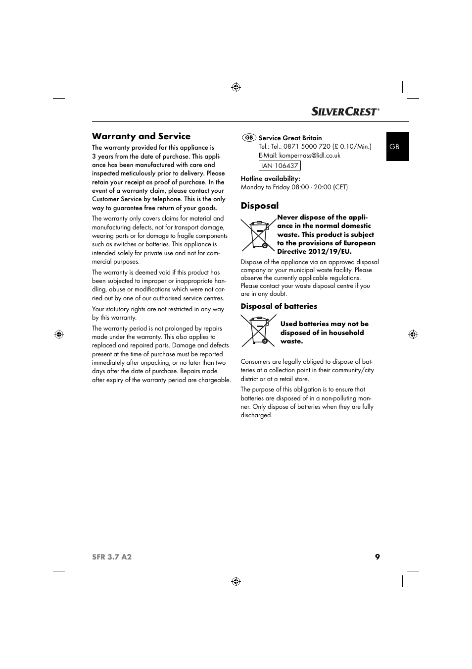 Warranty and service, Disposal | Silvercrest SFR 3.7 A2 User Manual | Page 12 / 74