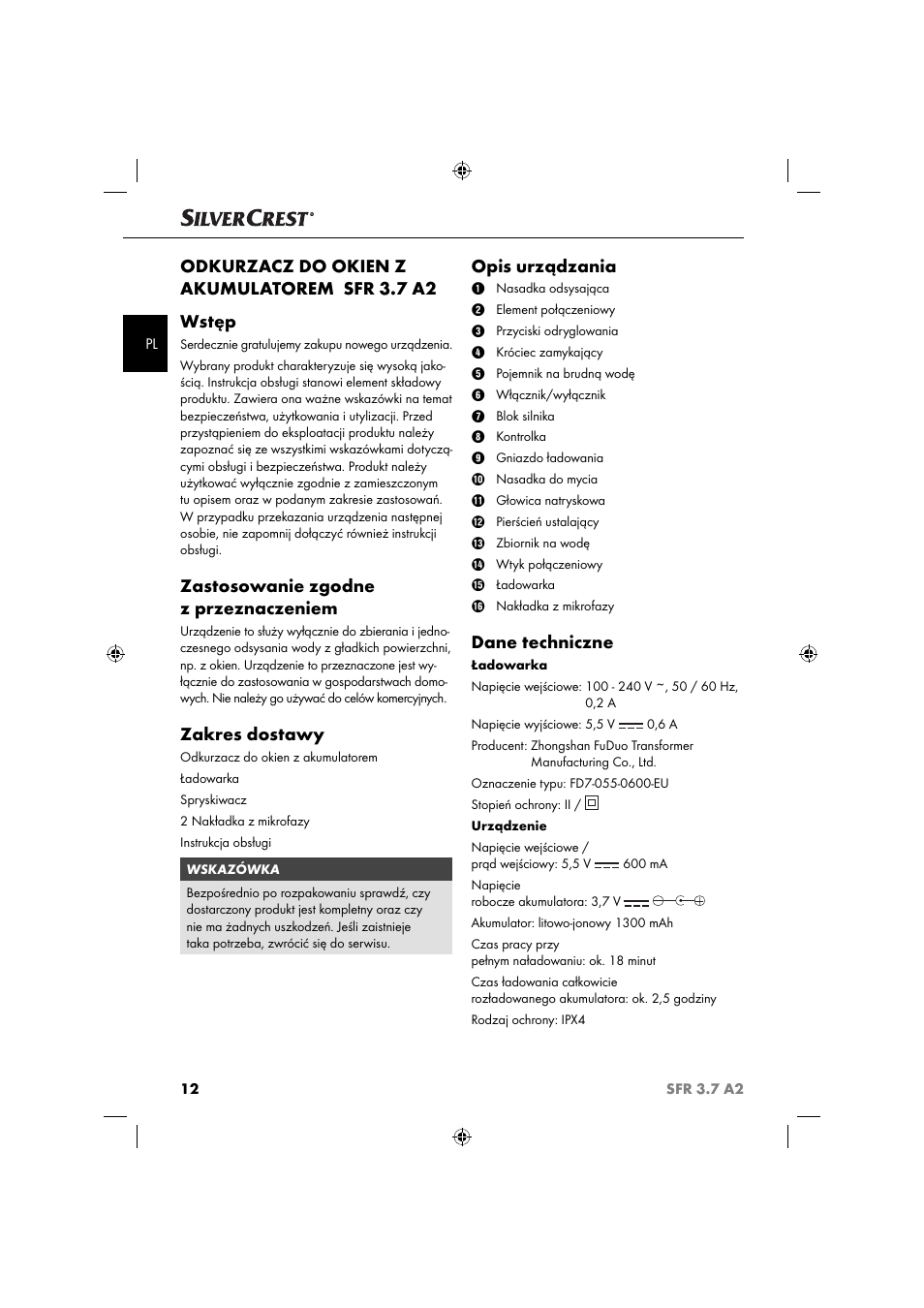 Odkurzacz do okien z akumulatorem sfr 3.7 a2 wstęp, Zastosowanie zgodne z przeznaczeniem, Zakres dostawy | Opis urządzania, Dane techniczne | Silvercrest SFR 3.7 A2 User Manual | Page 15 / 74