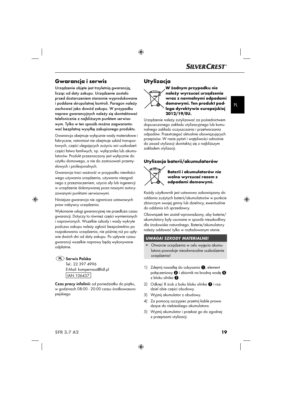 Gwarancja i serwis, Utylizacja | Silvercrest SFR 3.7 A2 User Manual | Page 22 / 74