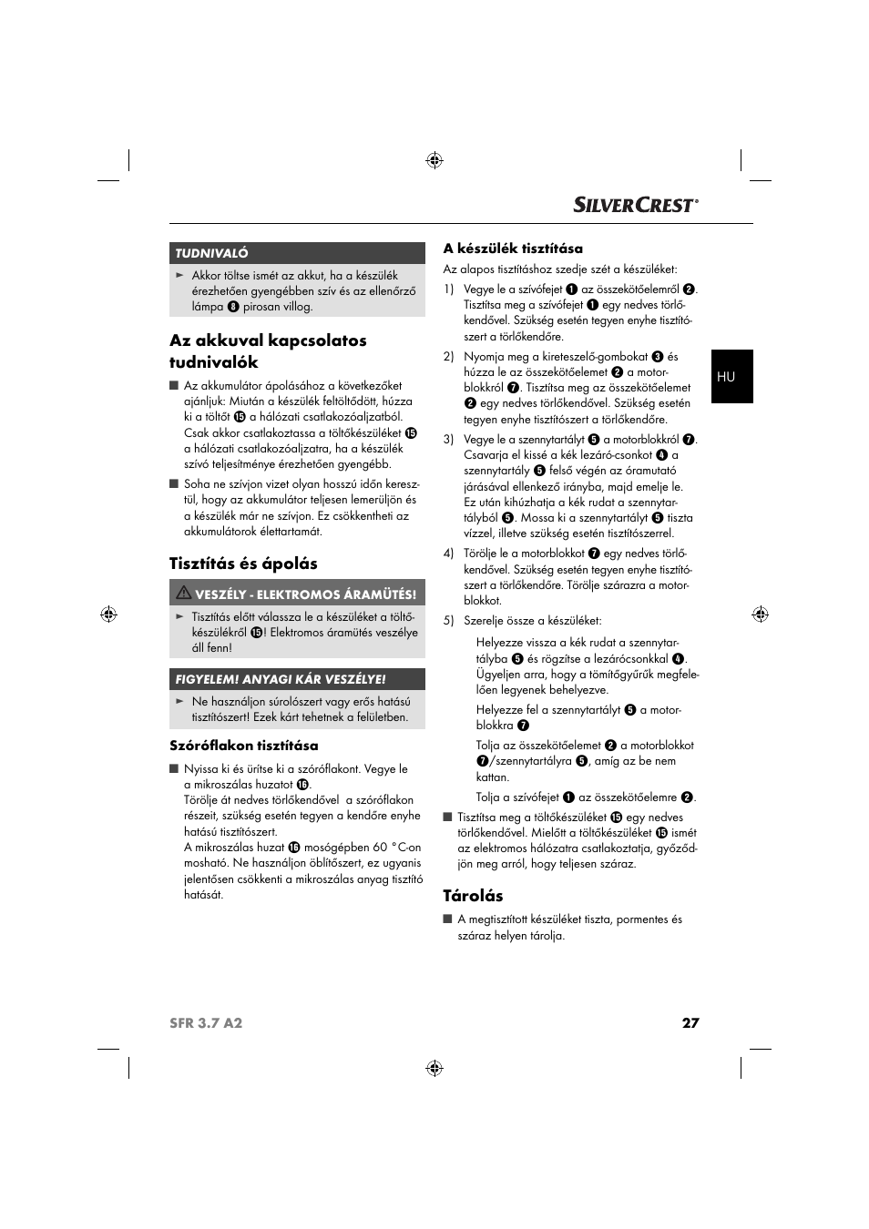 Az akkuval kapcsolatos tudnivalók, Tisztítás és ápolás, Tárolás | Silvercrest SFR 3.7 A2 User Manual | Page 30 / 74
