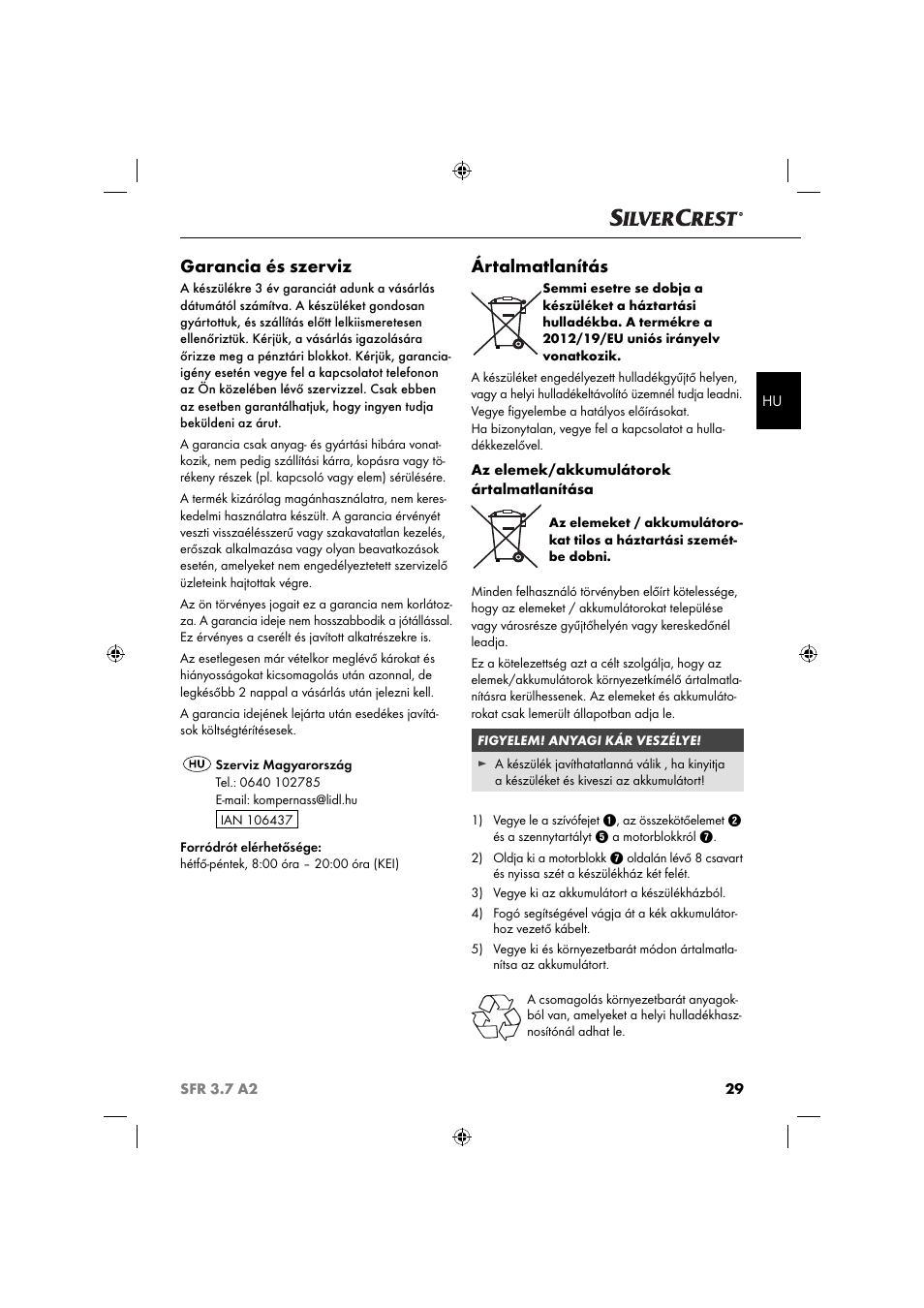 Garancia és szerviz, Ártalmatlanítás | Silvercrest SFR 3.7 A2 User Manual | Page 32 / 74