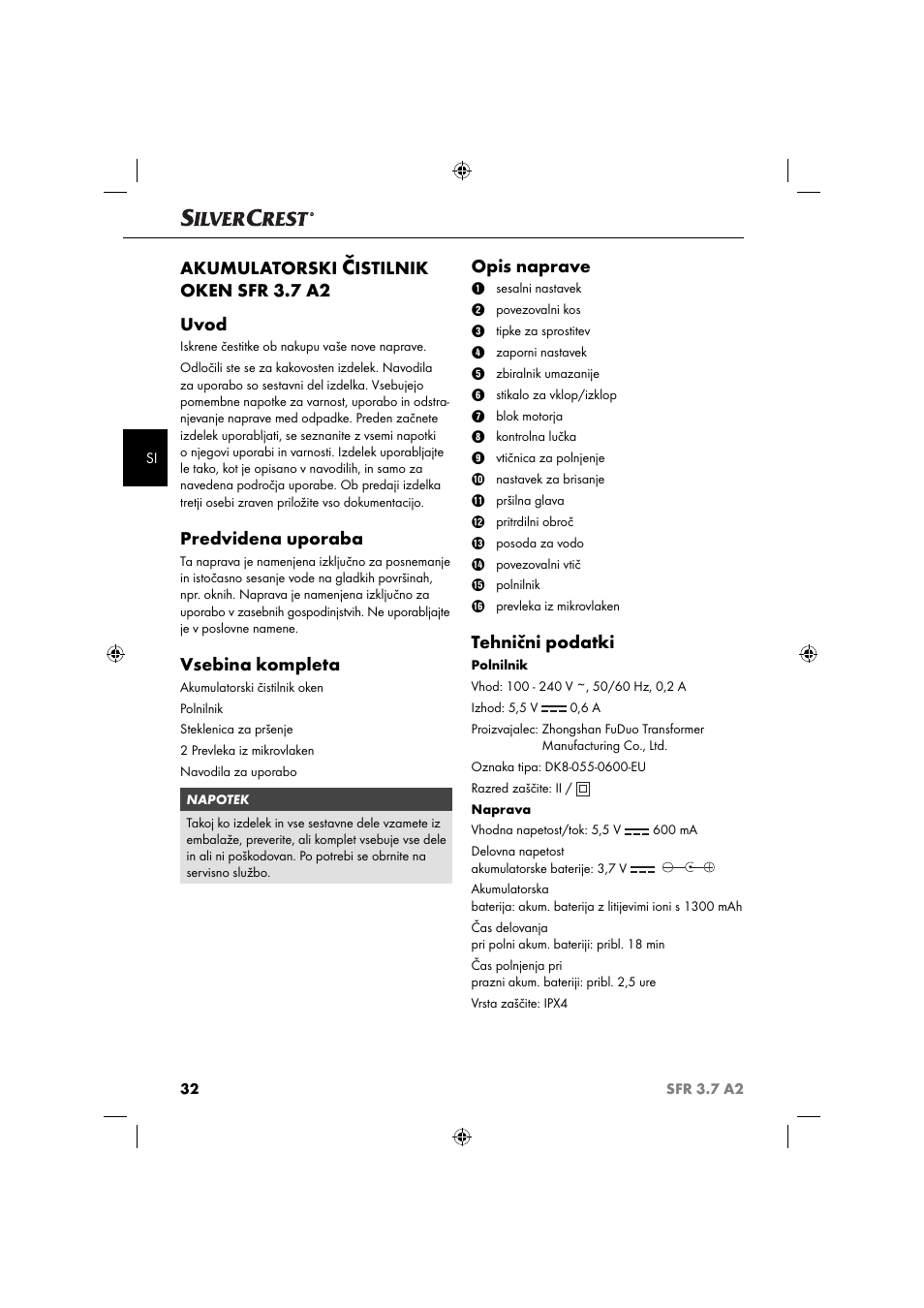 Akumulatorski, Istilnik oken sfr 3.7 a2 uvod, Predvidena uporaba | Vsebina kompleta, Opis naprave, Tehnični podatki | Silvercrest SFR 3.7 A2 User Manual | Page 35 / 74