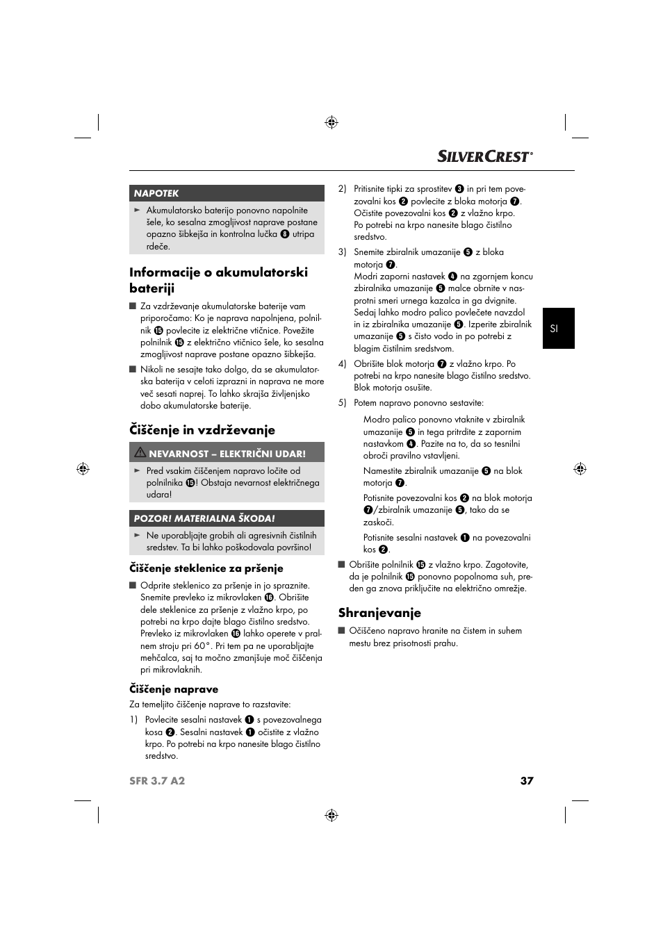 Informacije o akumulatorski bateriji, Čiščenje in vzdrževanje, Shranjevanje | Silvercrest SFR 3.7 A2 User Manual | Page 40 / 74