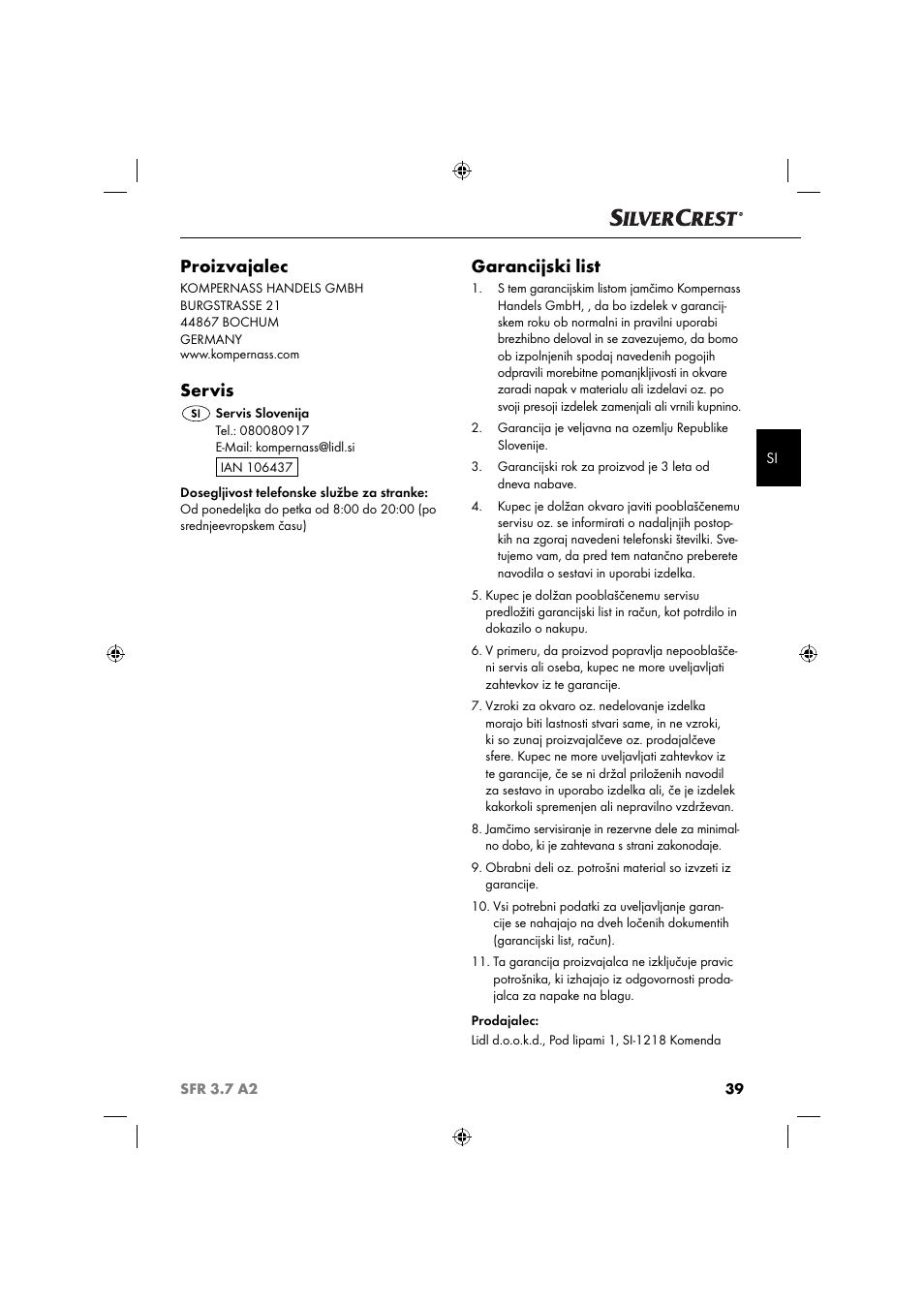 Proizvajalec, Servis, Garancijski list | Silvercrest SFR 3.7 A2 User Manual | Page 42 / 74