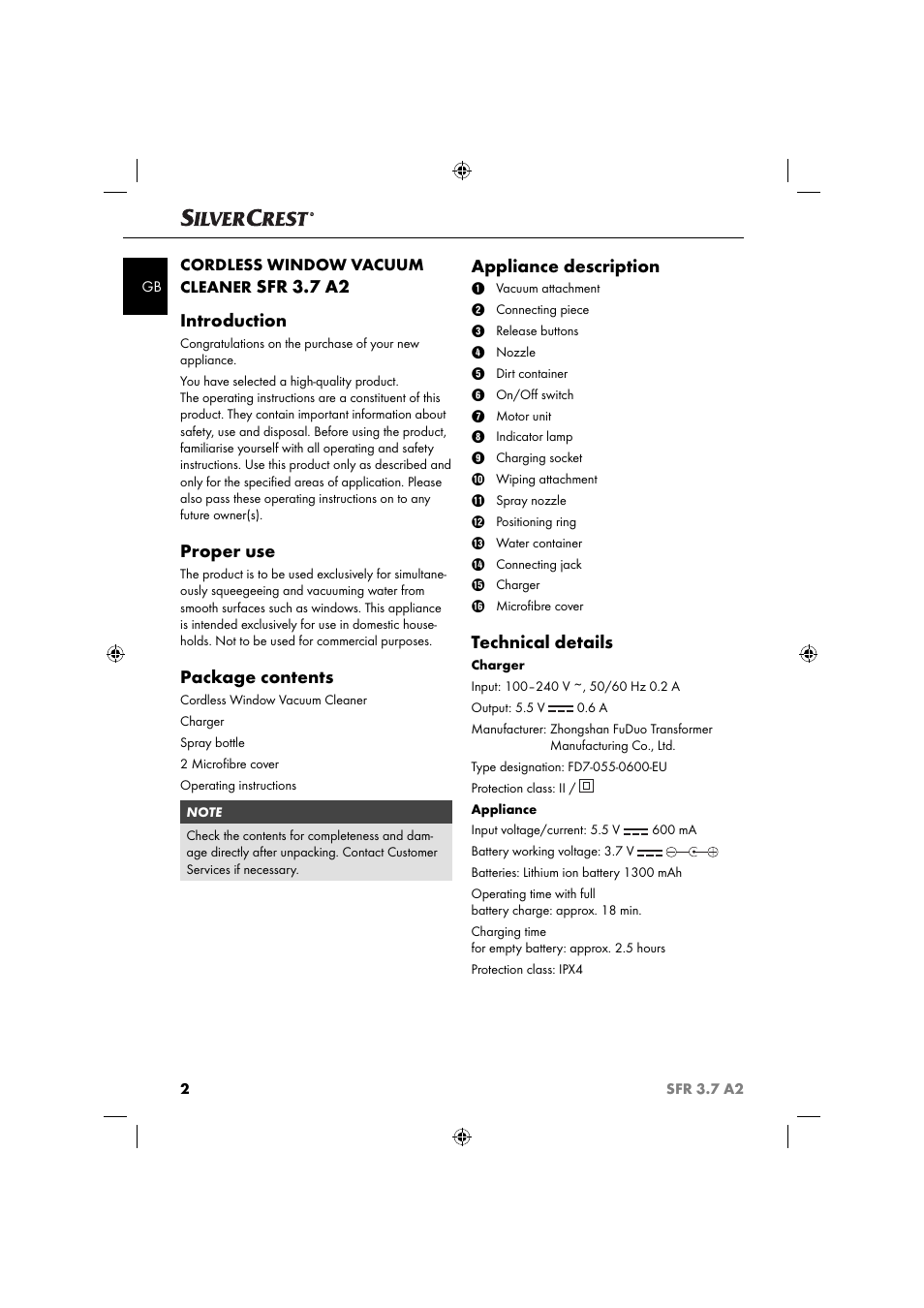 Sfr 3.7 a2 introduction, Proper use, Package contents | Appliance description, Technical details, Cordless window vacuum cleaner | Silvercrest SFR 3.7 A2 User Manual | Page 5 / 74