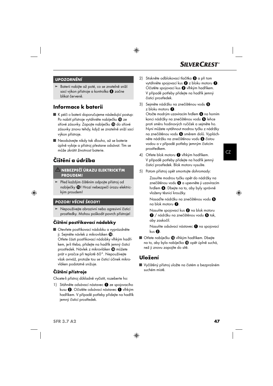 Informace k baterii, Čištění a údržba, Uložení | Silvercrest SFR 3.7 A2 User Manual | Page 50 / 74